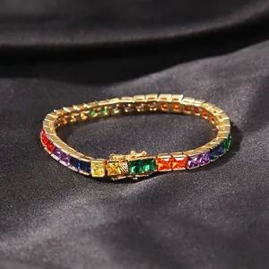 Luxury Gold Plated Copper Rainbow Tennis Bracelet Multicolor Square AAA Zircon Inlaid Hip Hop Minimalist Bracelet For Women