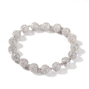 Hip hop silver pave-set zircon bead bracelet with luxurious micro-inlaid round metal links