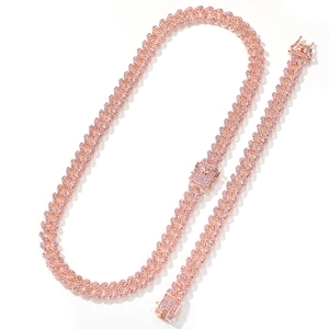 12mm Roségold-Cuban-Gliederkette und Armband-Set für Herren mit rosa Zirkonia-Steinen