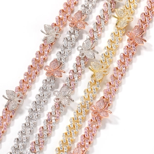 Rosafarbene Schmetterlings-Cuban-Link-Kette mit Zirkonia-Steinen im Hip-Hop-Stil