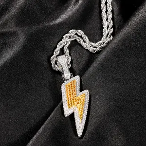 Hip-Hop Iced Out Lightning Bolt Pendant Necklace Copper Micro Pave Zircon Stainless Steel Rope Chain For Men Women Jewelry
