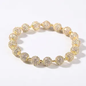 Hip Hop Brass Micro Pave Zircon Round Ball Bracelet Gold Silver Pink Bling Beaded Bracelets Jewelry For Men Women Daily