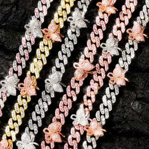 Hip Hop Iced Out Panzerkette Halskette Mit Schmetterlingsanhänger Kupfer Zirkonia Personalisierter Schmuck Für Damen Herren