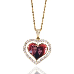 Hip Hop Drehbarer Herz Bilderrahmen Anhänger Halskette Gold Silber Messing Zirkonia Iced Out Schmuck Für Herren Damen