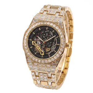 Montre Mécanique Automatique de Luxe pour Hommes Squelette Entièrement en Strass Hip Hop Bracelet en Alliage de Zinc Montre Mode