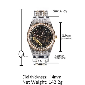 Montre mécanique hip hop de luxe avec strass autrichiens et cadran squelette design