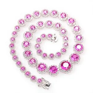 Hip Hop Graduierte Runde Rosa Zirkonia Tennis Halskette Kupfer Gold Silber Plattiert Reihe Kette Party Mode Schmuck Für Damen