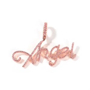 Hip-Hop-Halskette mit Angel-Schriftzug in Roségold und funkelnden rosa Zirkonia