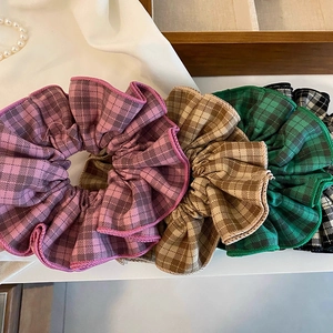 Elegant French style plaid scrunchies in four vintage colors on aesthetic white fabric