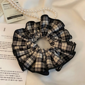 French style vintage black and white checkered fabric scrunchie with layered ruffle edge