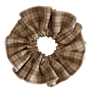 French vintage plaid scrunchie with classic brown and beige patterns for ponytails