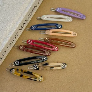 Pince à Cheveux Ovale Élégante en Acétate Français Avec Fleur en Strass pour Femme Barrette Latérale en Résine Bijoux