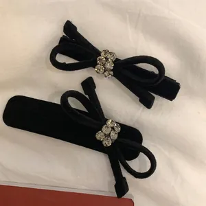 French vintage black velvet bow hair clips with rhinestones in a two-piece set