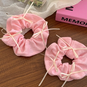 Sweet Pink Bow Knot Scrunchie Cute Knitted Fabric Hair Band Elastic Ponytail Holder Hair Tie For Women Girls Accessory