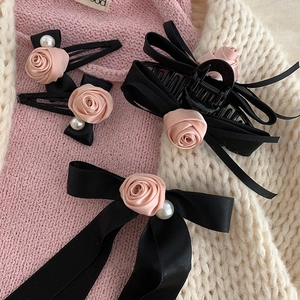 Korean Sweet Black Satin Bow Hair Clip Set With Pink Fabric Rose Faux Artificial Pearl Elegant Rose Ribbon Hair Accessories For Women
