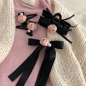 Elegant set of pink fabric roses and black ribbon hair clips with white imitation pearls