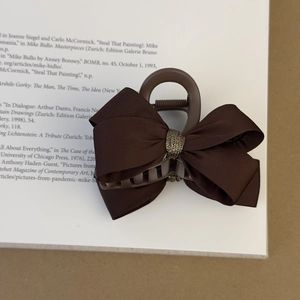 Détail de la pince à cheveux noeud en satin marron foncé avec centre pailleté sur livre