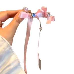 Pince à cheveux nœud rose avec pampilles de perles en cristal en forme de cœur doux