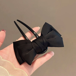 Vintage Satin Bow Hair Stick New Chinese Style Black Ribbon Hair Fork U-Shaped Hair Accessory For Hanfu Qipao Bun Styling For Women