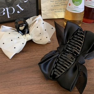 French vintage mesh bow hair claw in cream white with black dots and solid black satin