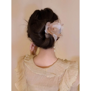 Elegant Chinese floral hairpin with champagne tulle petals and long pearl tassel chains