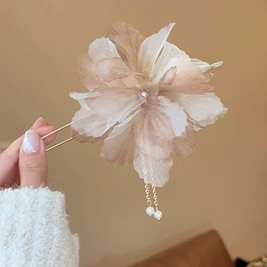 Vintage Chinese Style Large Organza Flower Hair Stick With Artificial Pearl Tassel Elegant Hanfu Headpiece For Women Wedding Party Jewelry