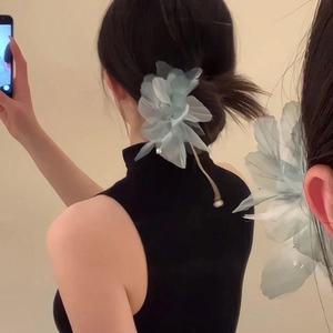 Blue organza flower hair clip with pearls for Hanfu traditional Chinese hairstyle
