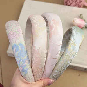 New Chinese style jacquard satin headband set with vintage floral patterns and thick sponge design