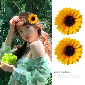 Barrette à Cheveux Tournesol en Tissu Réaliste Jaune Vif Pince Latérale Florale pour Vacances Plage Style Mori Femme