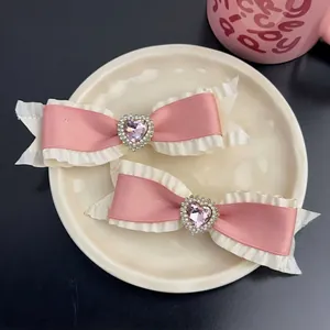 Sweet Pink Satin Bow Hair Clips With Heart Rhinestone Artificial Pearl Embellishment Pleated Lace Edge Handmade Side Clips For Women