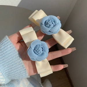 French Style Blue Camellia Flower Bowknot Hair Clip Satin Fabric Duckbill Clip Elegant Floral Headwear For Women Girls