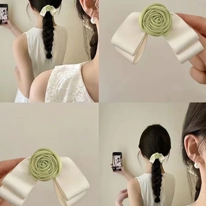 Handmade Fabric Rose Ribbon Hair Clip Sweet Korean Style Duckbill Clip Floral Bow Hair Accessory For Women Daily Decor