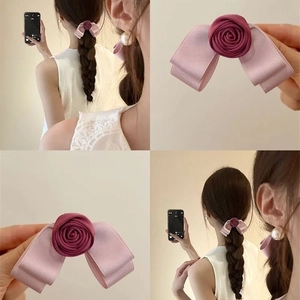 Handmade raspberry pink rose ribbon bow hair clip for women with romantic design