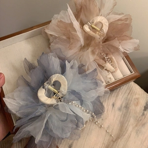 New Chinese Style Large Fabric Flower Hair Claw Clip With Long Faux Artificial Pearl Tassel Elegant Vintage Chiffon Floral Shark Clip