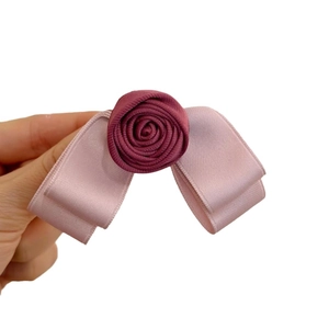 Handmade raspberry pink rose hair clip with satin ribbon bows for girls and women