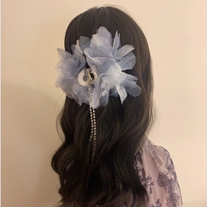 Blue organza flower hair claw clip with pearl tassel fringe for elegant styling
