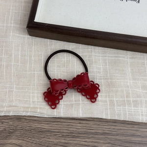 Elegant dark red bow hair tie with hollow lace design on high elasticity elastic band