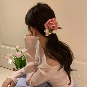 Elegant satin flower hair scrunchie in dusty rose and cream with gold bead detail