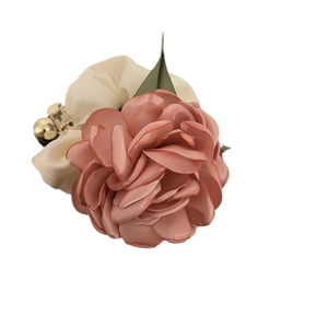 Elegant dusty pink rose satin scrunchie with cream pleats and gold bead detail