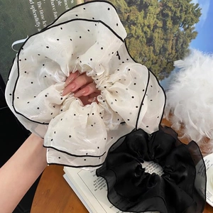Large French style scrunchie set in white polka dot organza and solid black satin