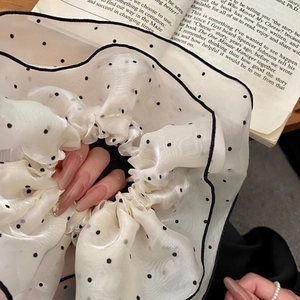 French style white organza oversized scrunchie with black polka dots and fine black trim