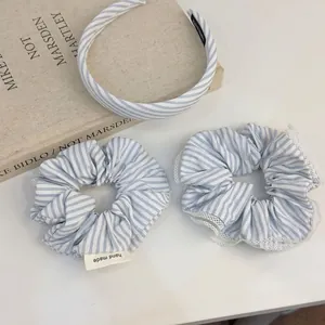 Blue and white striped hair accessory set with lace trim scrunchie and headband