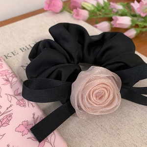 Chouchou Style Français Élégant Rose en Maille avec Nœud Élastique Cheveux en Tissu Accessoire Vintage Doux pour Femmes