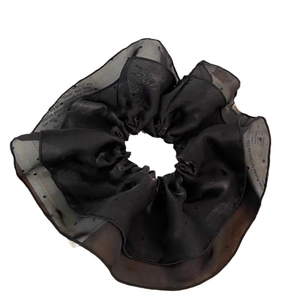 Large black organza scrunchie with vintage newspaper print and pleated fabric detail