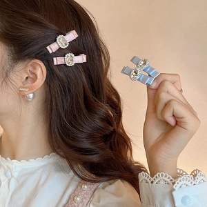 Elegant Bow Rhinestone Hair Clips For Women Satin Fabric Alloy Hair Pins Sweet Bangs Side Clips Fashion Hair Accessories