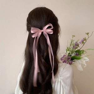 Barrette à cheveux élégante avec nœud en dentelle rose et longs rubans pour filles