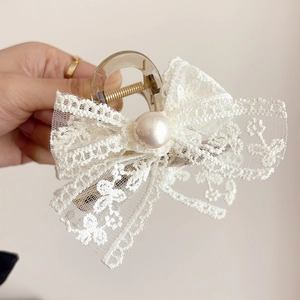 Elegante fermaglio per capelli con fiocco in rete e grande perla in stile coreano