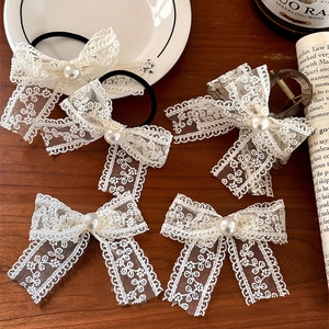 French Vintage Lace Bowknot Hair Clip Elegant Faux Artificial Pearl Hair Claw Sweet Lace Ribbon Hair Tie For Women Daily Dating Hair Accessories