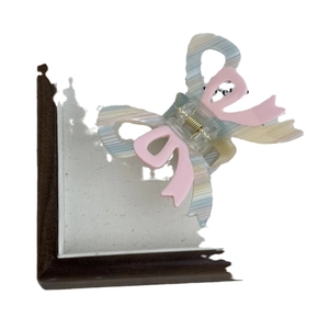 French cream acetate bow hair claw with macaron gradient stripes and golden spring