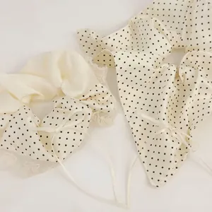 French vintage satin polka dot scrunchie and bow hair clip set in creamy white silk